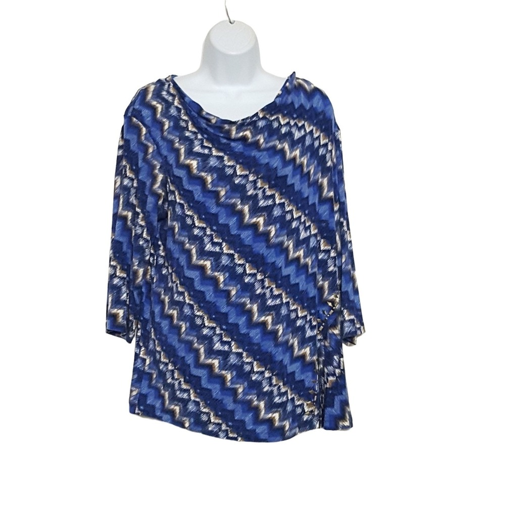 Ruby Road Womens Blouse PL Blue Ikat Cowl Neck Knit 3/4 Sleeve Stud Top Petite